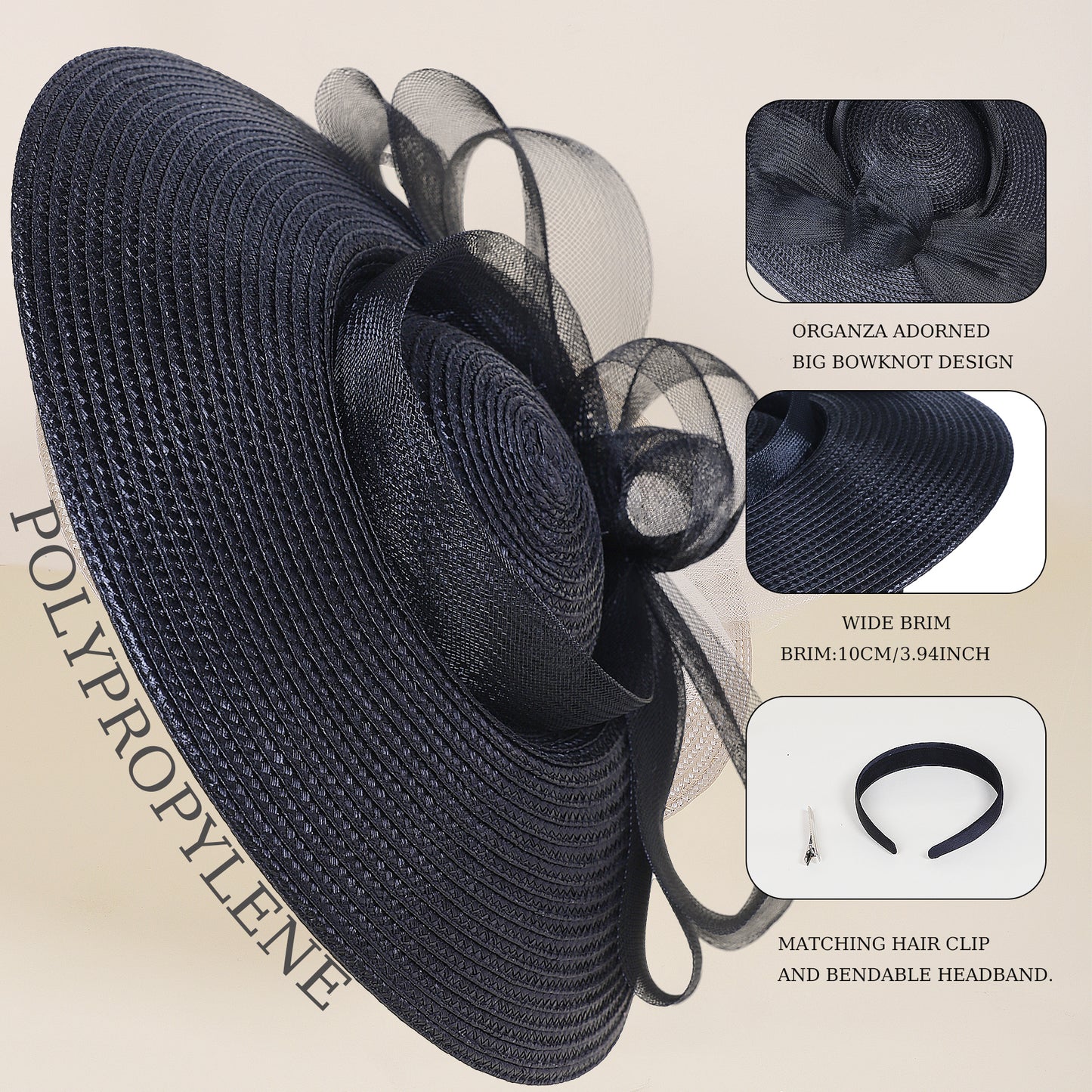 FADVES Fascinators Hats for Women Church Dress Hats Tea Party Headwear Wide Brim Fascinator with Clip Headband 1078