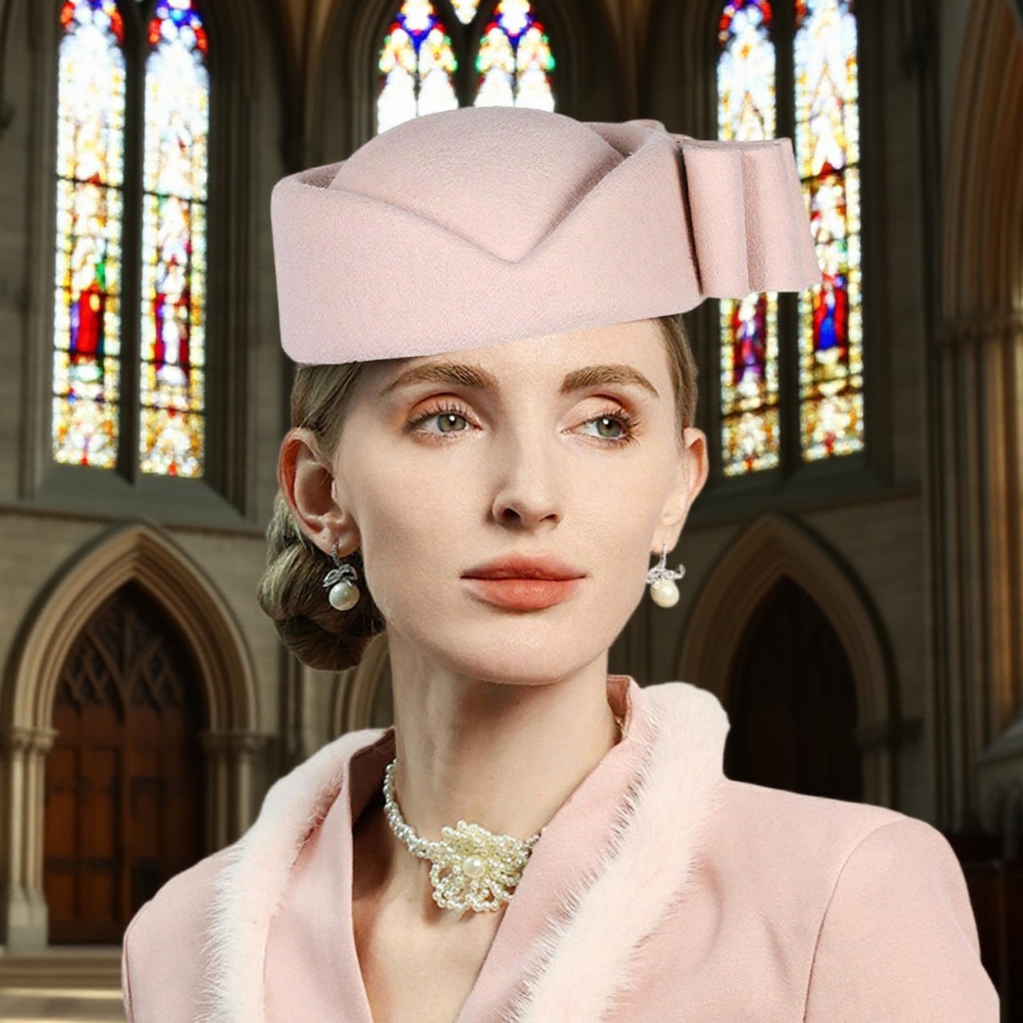 FADVES Vintage Wool Pillbox Hat with Bow, Light Pink, Formal Church Wedding Fascinator, Women's Special Occasion Headwear 3160
