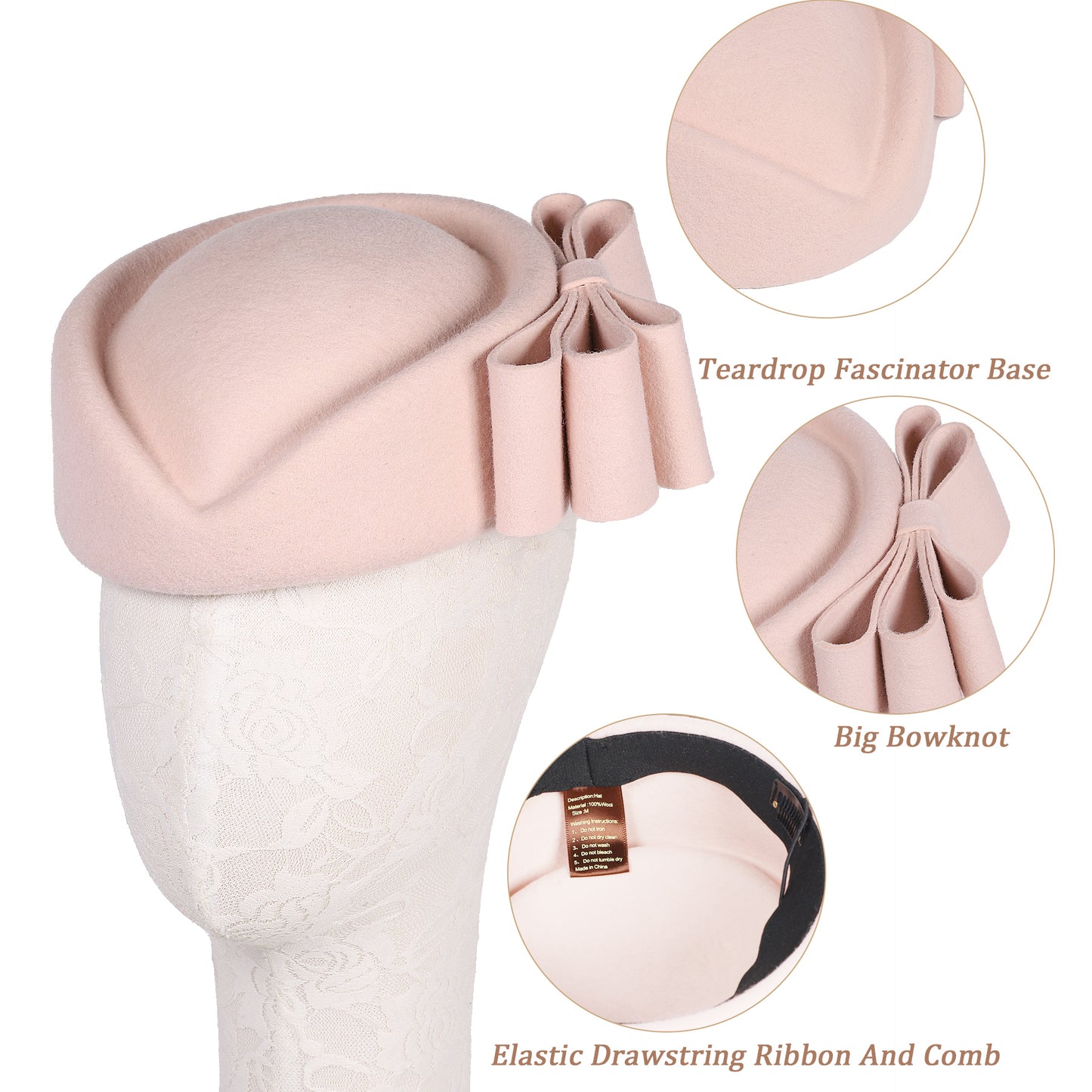 FADVES Vintage Wool Pillbox Hat with Bow, Light Pink, Formal Church Wedding Fascinator, Women's Special Occasion Headwear 3160