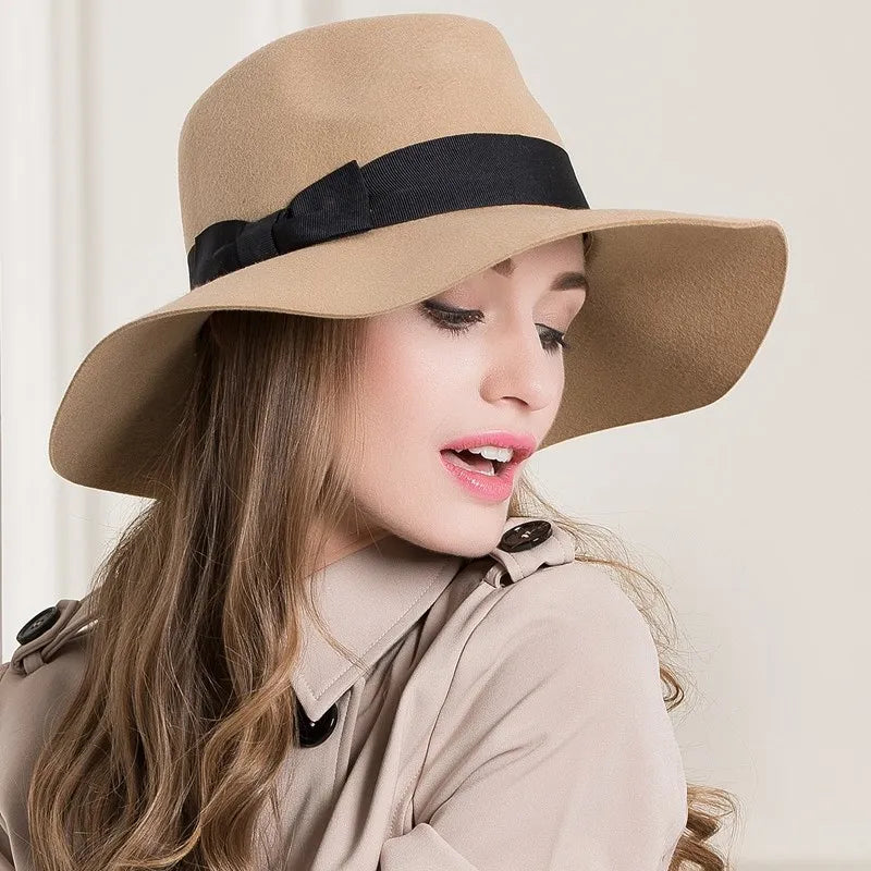 Vintage Wide Brim Wool Fedora Hat, Classic Panama Style, Women's Winter Fashion 5271