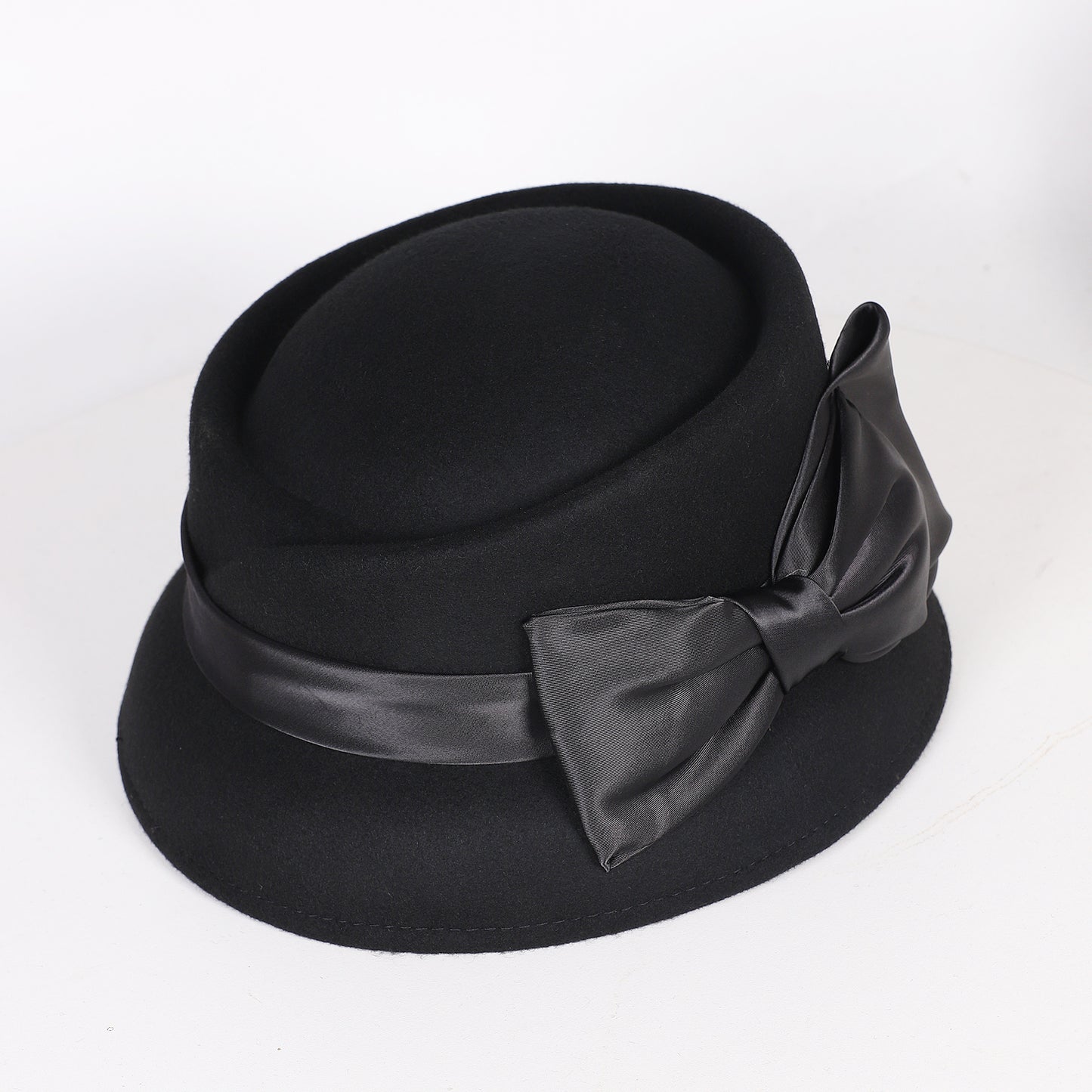 FADVES Women’s Vintage Wool Cloche Church Hat with Satin Bow Elegant Bowler Bucket Hat 6006for Tea Party Wedding Garden Formal Events