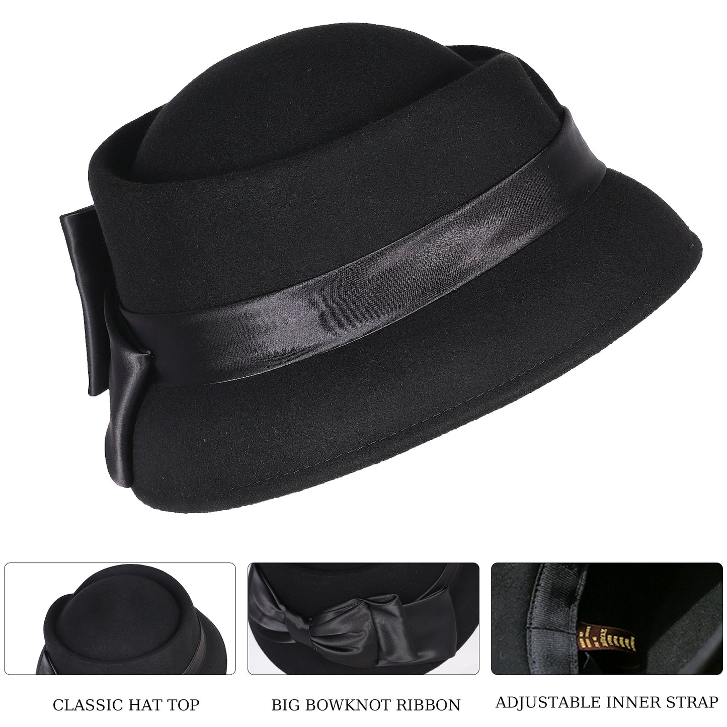 FADVES Women’s Vintage Wool Cloche Church Hat with Satin Bow Elegant Bowler Bucket Hat 6006for Tea Party Wedding Garden Formal Events