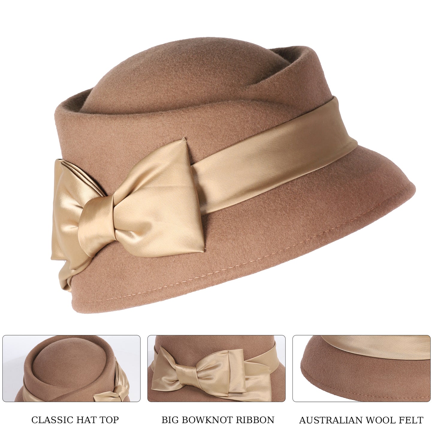 FADVES Women’s Vintage Wool Cloche Church Hat with Satin Bow Elegant Bowler Bucket Hat 6006for Tea Party Wedding Garden Formal Events