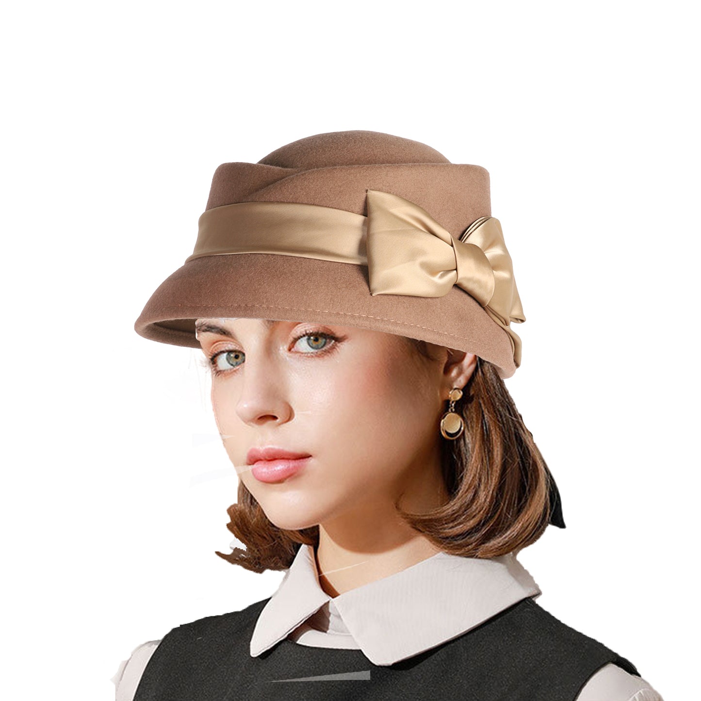 FADVES Women’s Vintage Wool Cloche Church Hat with Satin Bow Elegant Bowler Bucket Hat 6006for Tea Party Wedding Garden Formal Events