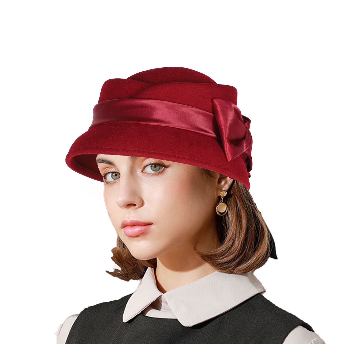 FADVES Women’s Vintage Wool Cloche Church Hat with Satin Bow Elegant Bowler Bucket Hat 6006for Tea Party Wedding Garden Formal Events
