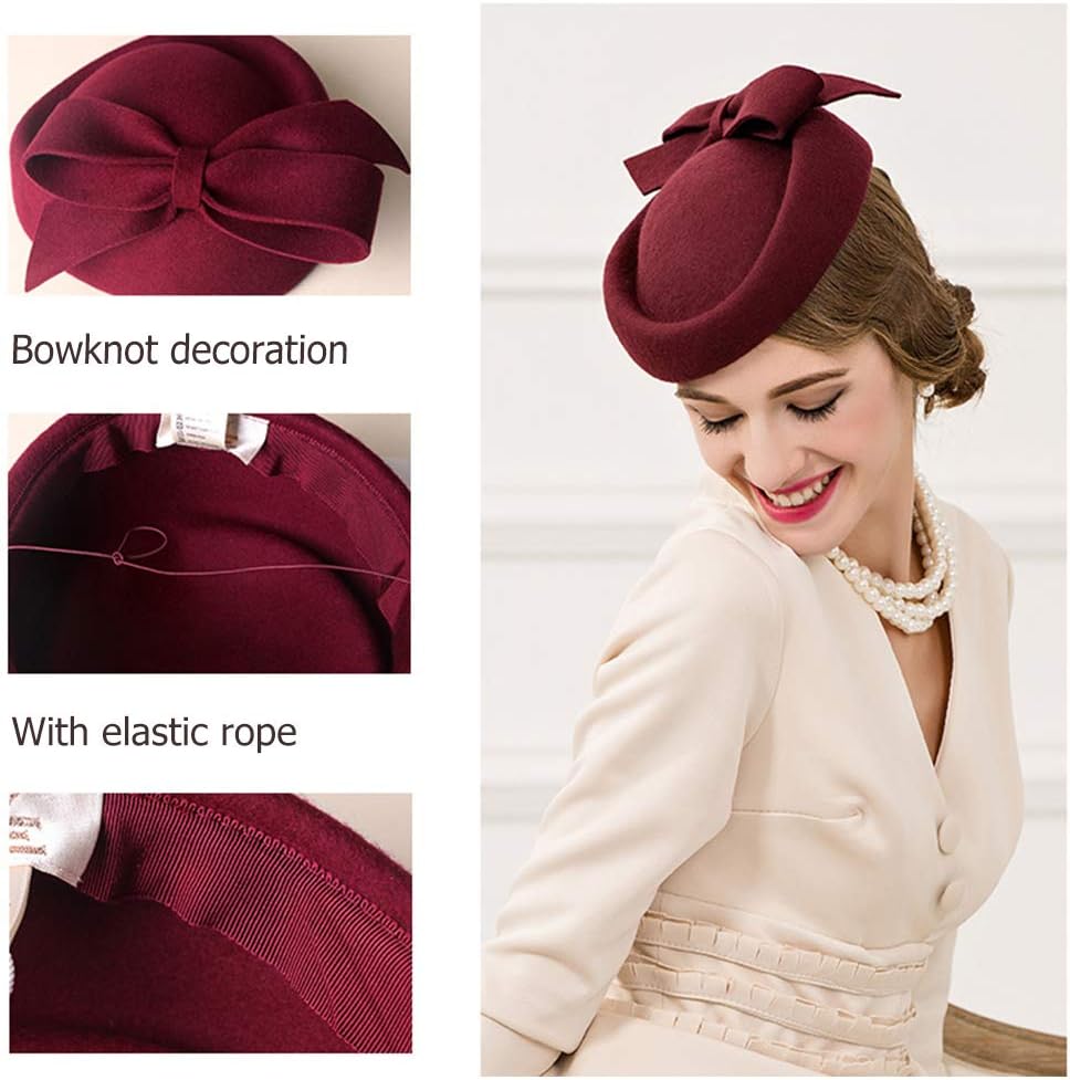 F FADVES British Style Pillbox Hat Retro Wool Fascinator Wedding Derby Church Party Hats