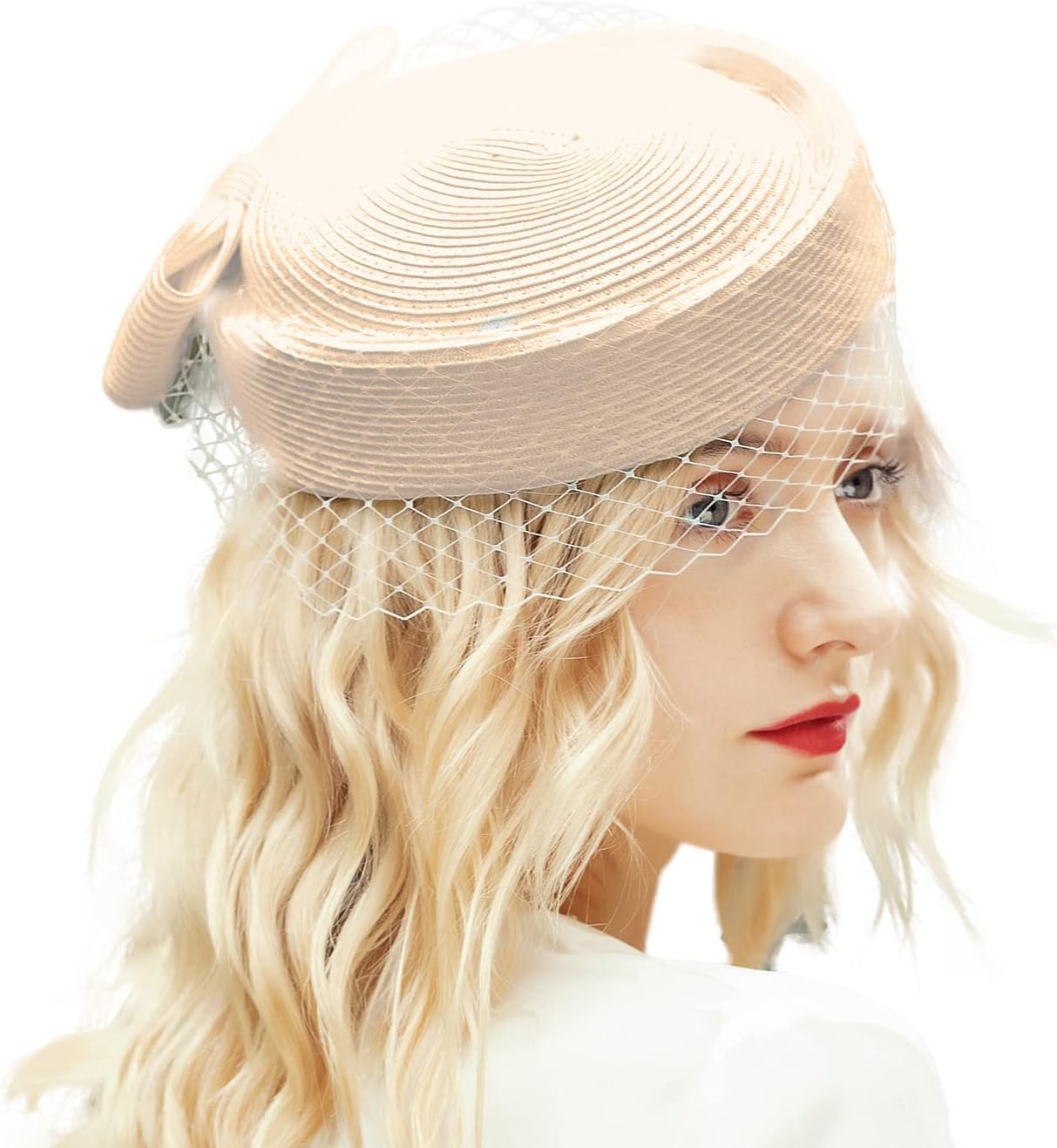 FADVES Straw Fascinator Vintage Hat Bow Veil Pillbox for Wedding Tea Party 20s 50s Headwear