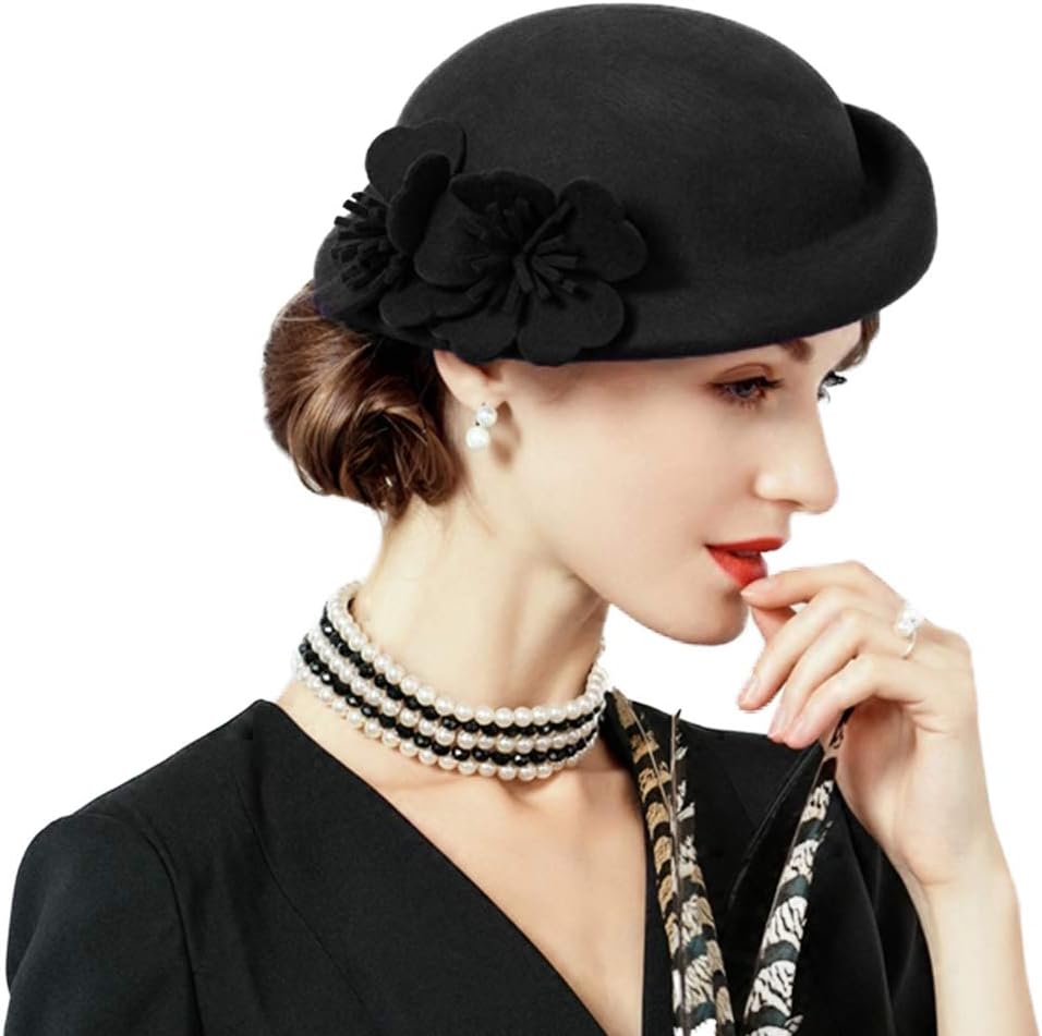 FADVES Pillbox Hat Wool Felt Beret Fascinator Hats Flower Cocktail Wedding Tea Party Hat