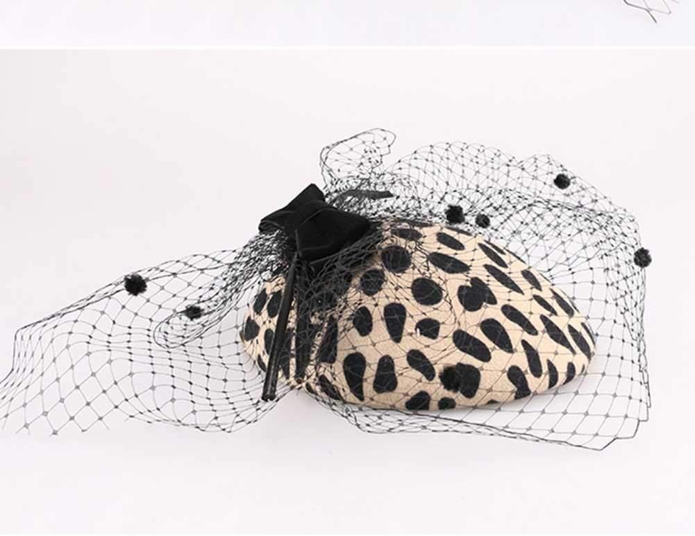 FADVES 100% Australian Wool Pillbox Hat Black Veil Fedora Lepoard Print Fascinator
