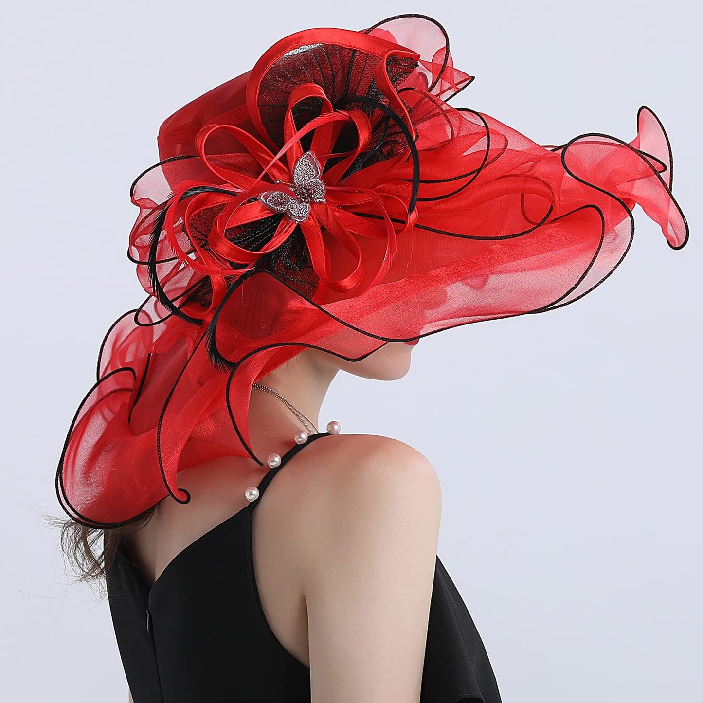 FADVES Women's Wide Brim Organza Tea Derby Sun Hat Butterfly Decoration Tea Party Wedding Bridal Church Fascinator…