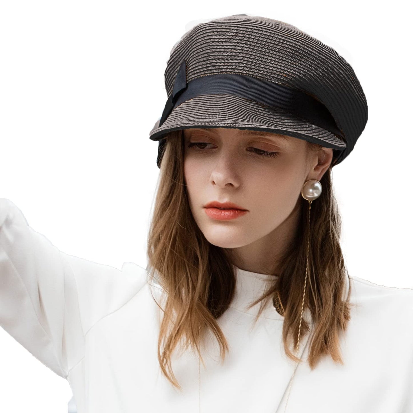 FADVES Women's Straw Cap Newsboy Gatsby Ivy Visor Beach Hat with Bowknot 7117