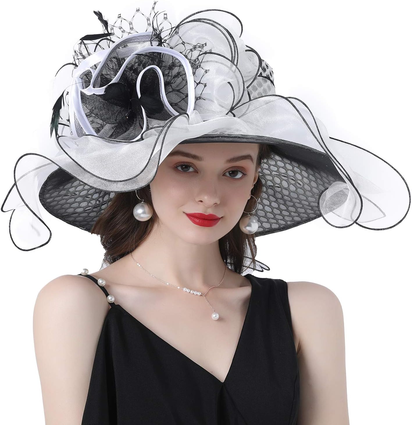 FADVES Womens Church Dress Fascinator Bridal Organza Wide Brim Organza Flower Tea Party Wedding Bridal Hat