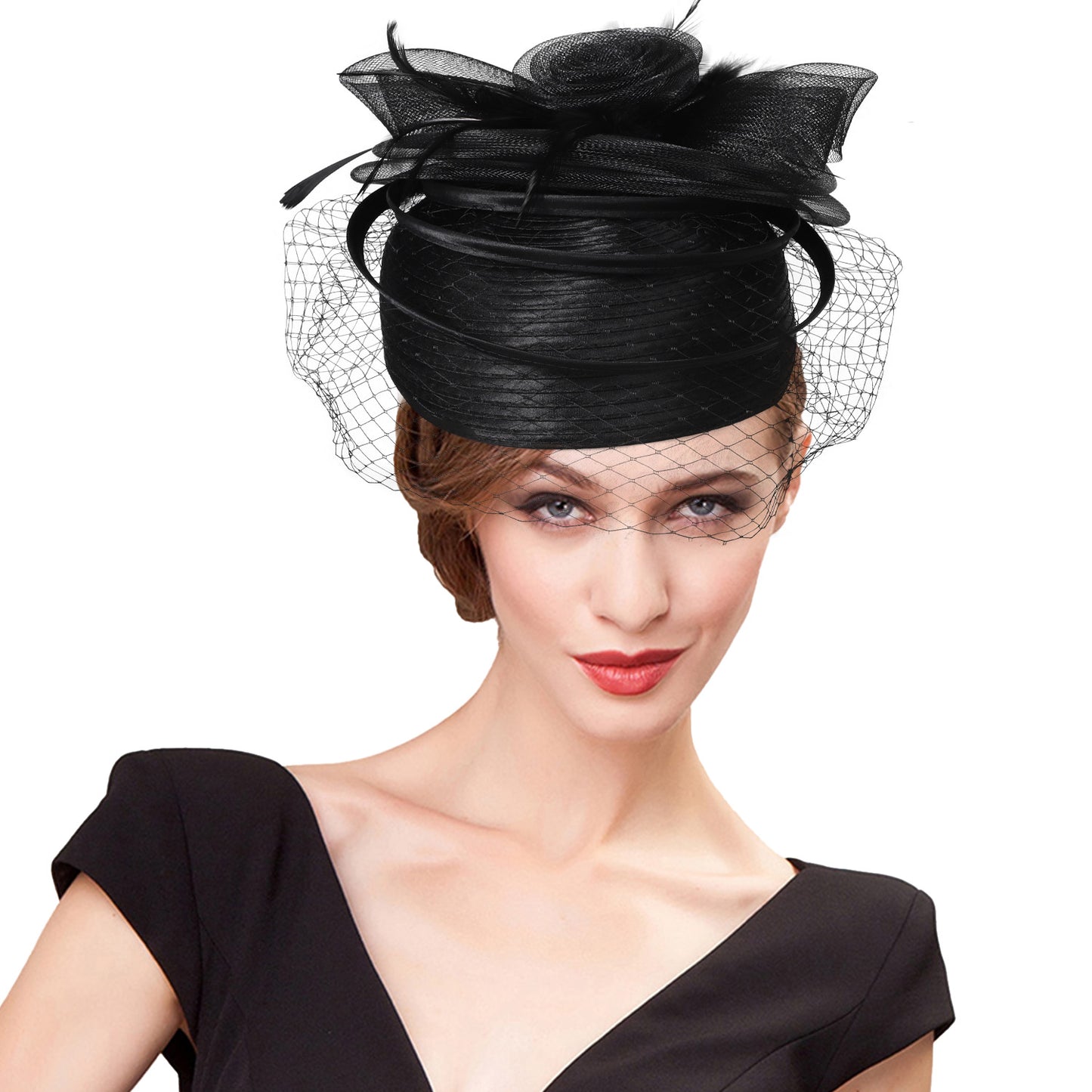 FADVES Vintage Fascinator Hat Feather Mesh Face Veil Church Derby Wedding 20s 50s Hat Cocktail Tea Party Pillbox Hat
