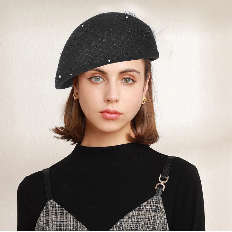 Vintage Wool French Beret Hat with Mesh Veil, Crystal Brooch Accent, Classic Beanie Winter Cap