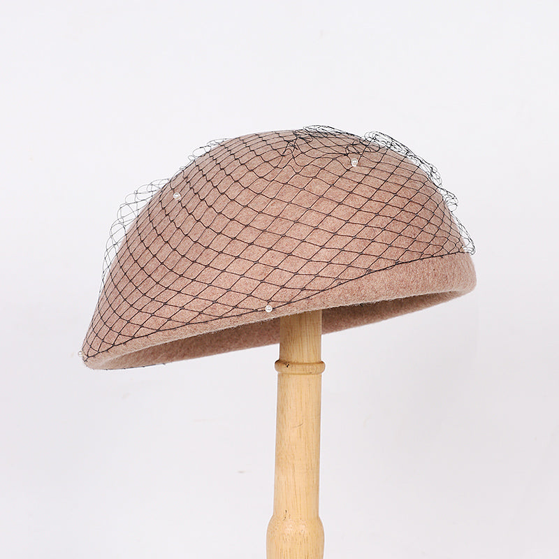 Vintage Wool French Beret Hat with Mesh Veil, Crystal Brooch Accent, Classic Beanie Winter Cap
