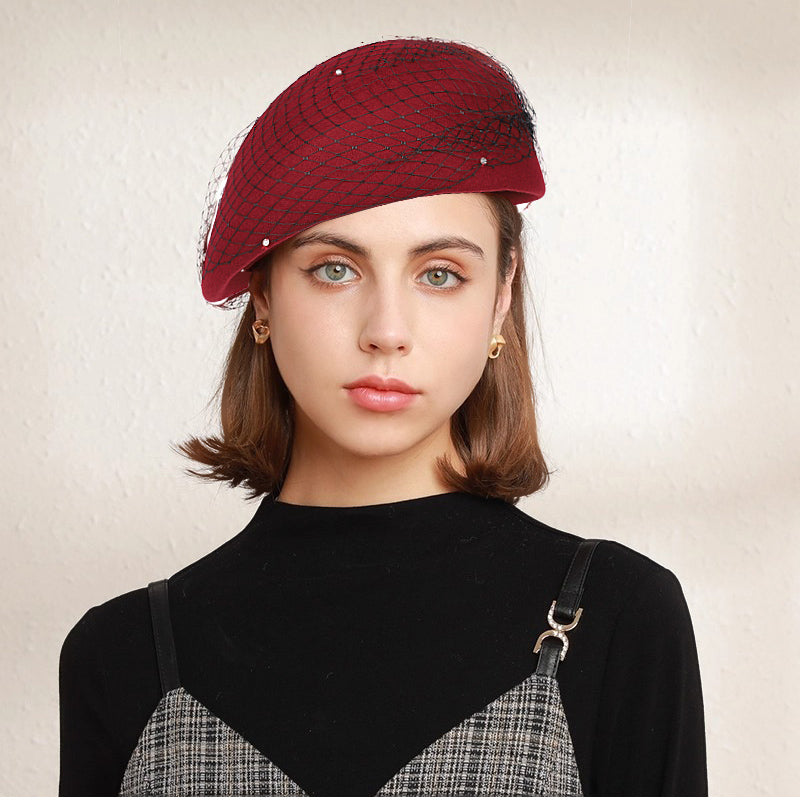 Vintage Wool French Beret Hat with Mesh Veil, Crystal Brooch Accent, Classic Beanie Winter Cap