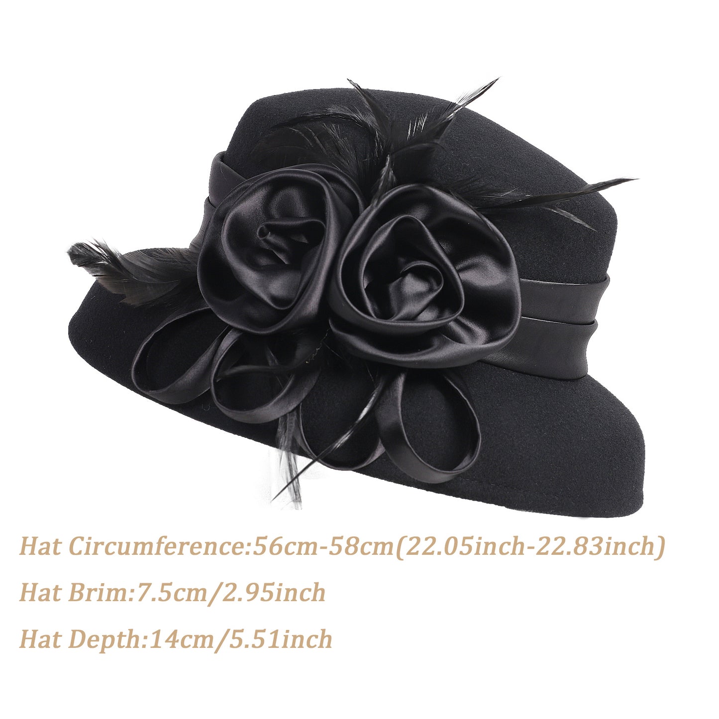 FADVES Vintage 1920s Style Wool Cloche Hat, Black with Satin Flower, Church Derby Fascinator, Feather Accent 8005
