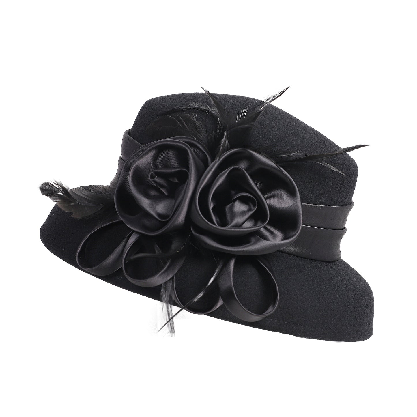 FADVES Vintage 1920s Style Wool Cloche Hat, Black with Satin Flower, Church Derby Fascinator, Feather Accent 8005