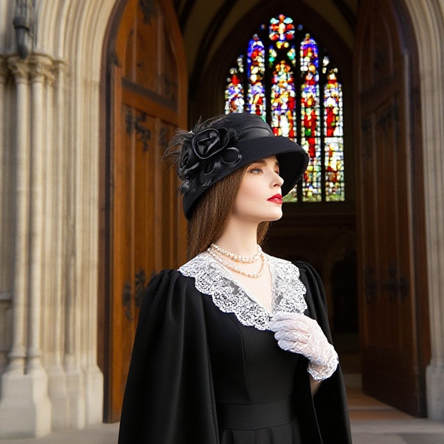 FADVES Vintage 1920s Style Wool Cloche Hat, Black with Satin Flower, Church Derby Fascinator, Feather Accent 8005