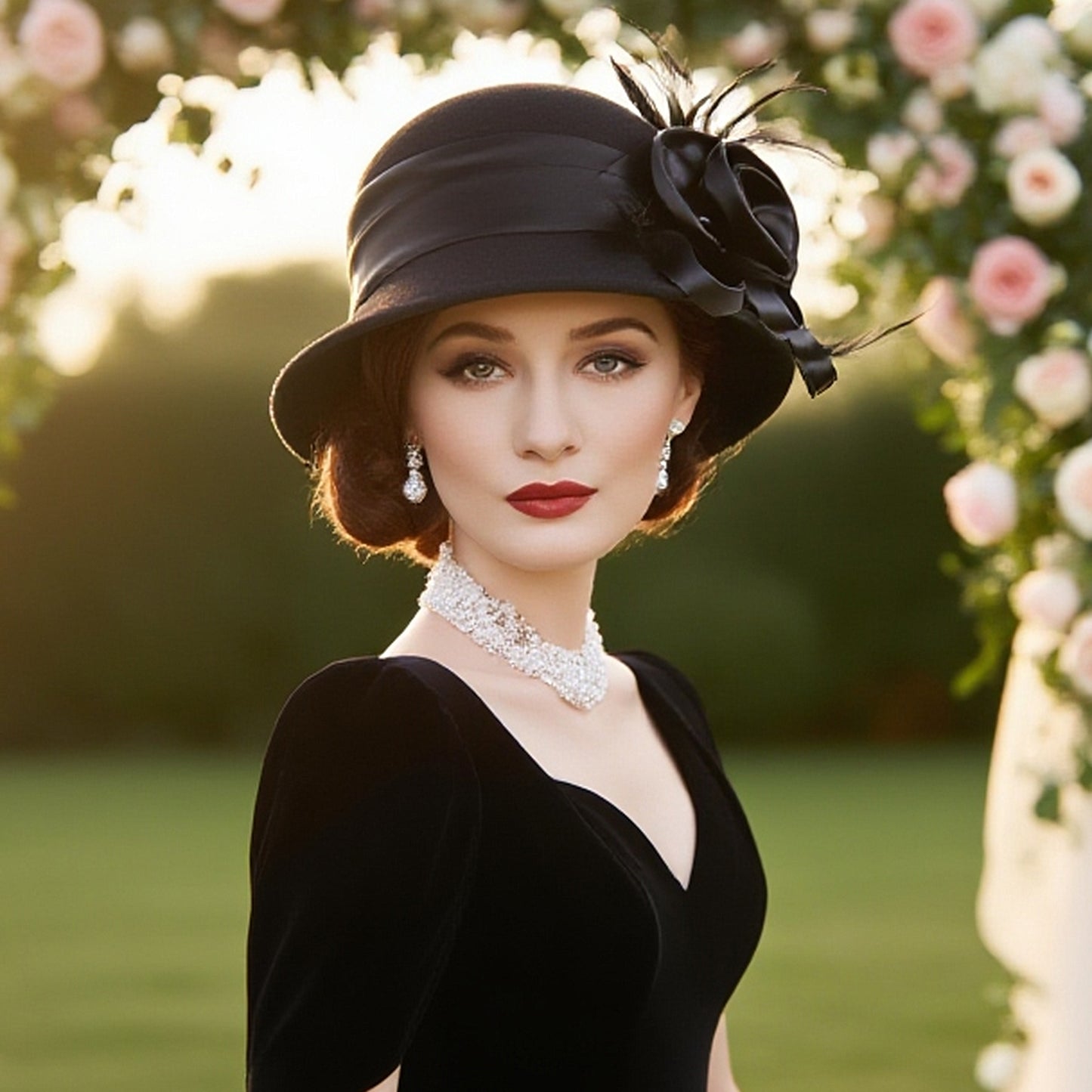 FADVES Vintage 1920s Wool Cloche Hat Black Elegant Floral Feather Church Fascinator Hat Derby Dress Hat with Satin Rose Embellishment 8009