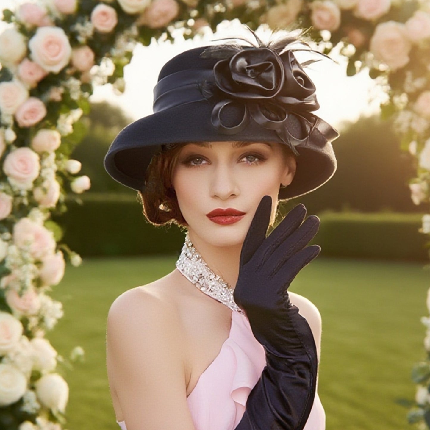 FADVES Vintage 1920s Style Wool Cloche Hat, Black with Satin Flower, Church Derby Fascinator, Feather Accent 8005