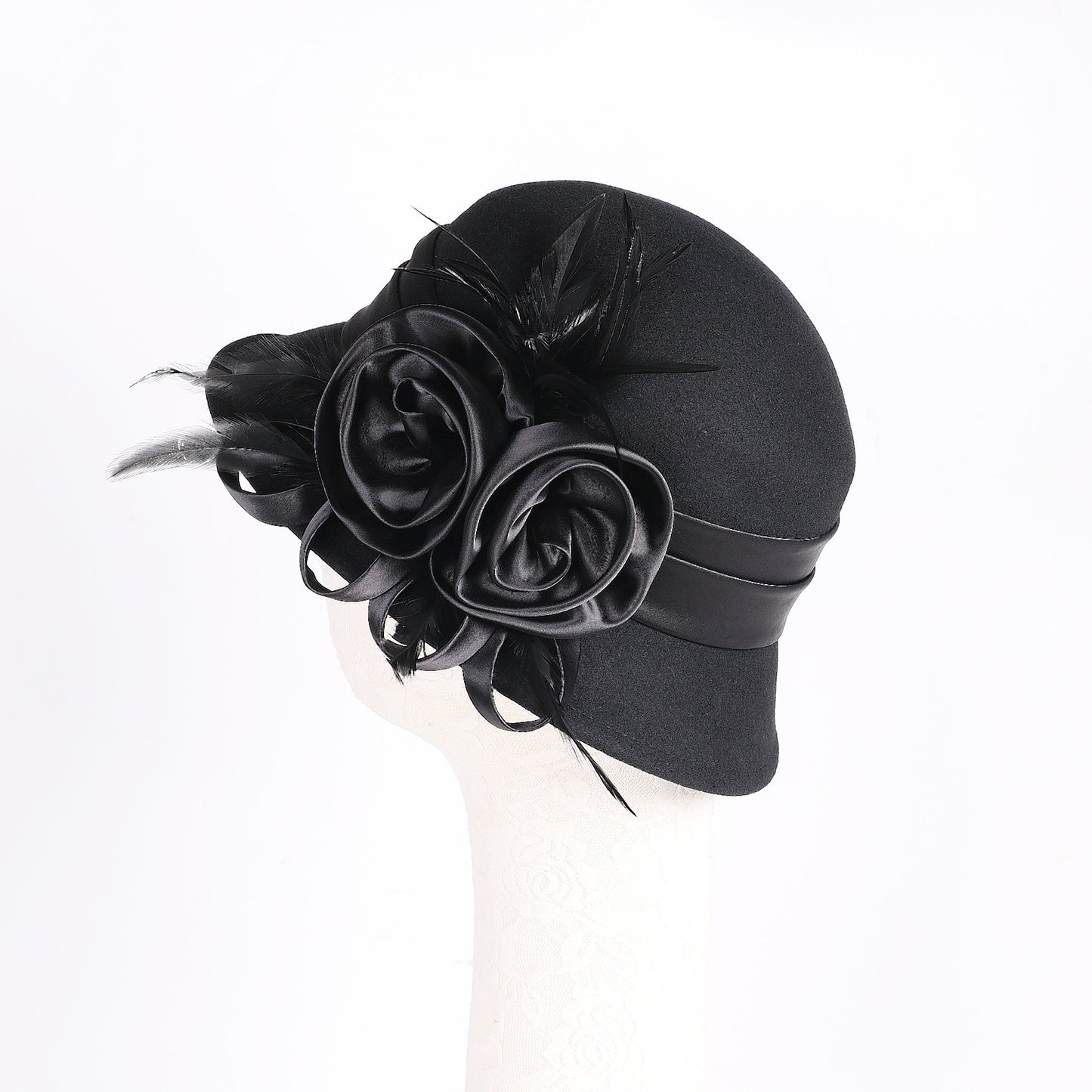 FADVES Vintage 1920s Wool Cloche Hat Black Elegant Floral Feather Church Fascinator Hat Derby Dress Hat with Satin Rose Embellishment 8009