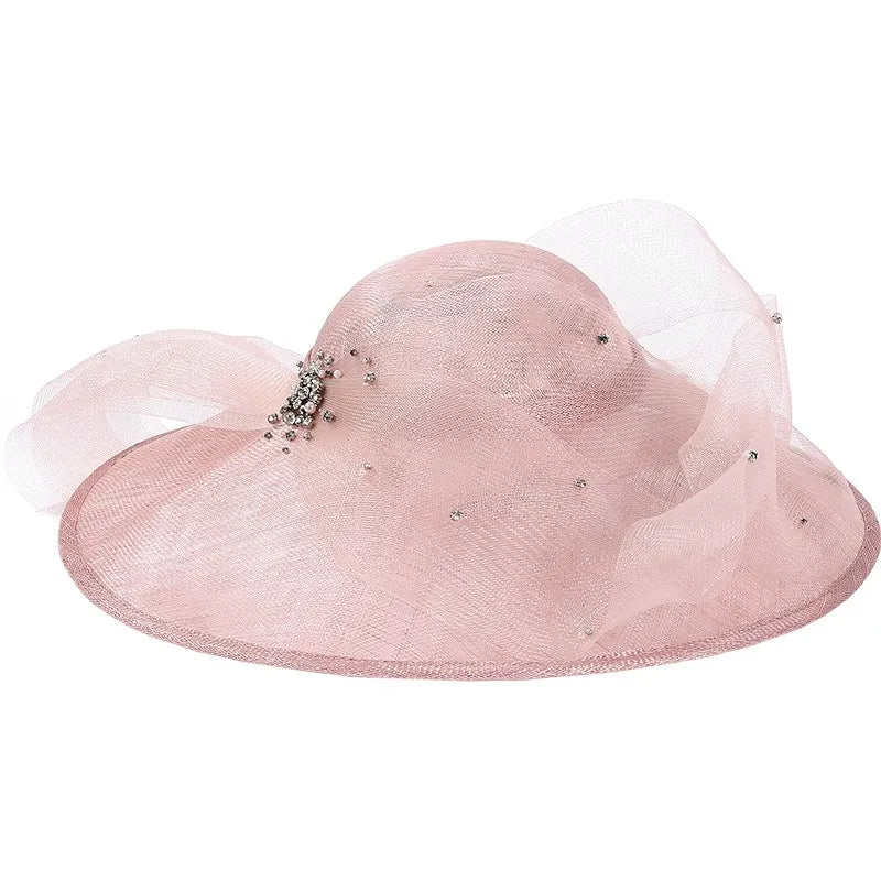 EE 1027 British Big Eaves Dome Linen Hat Female Elegant Diamond Decoration Yarn Hat