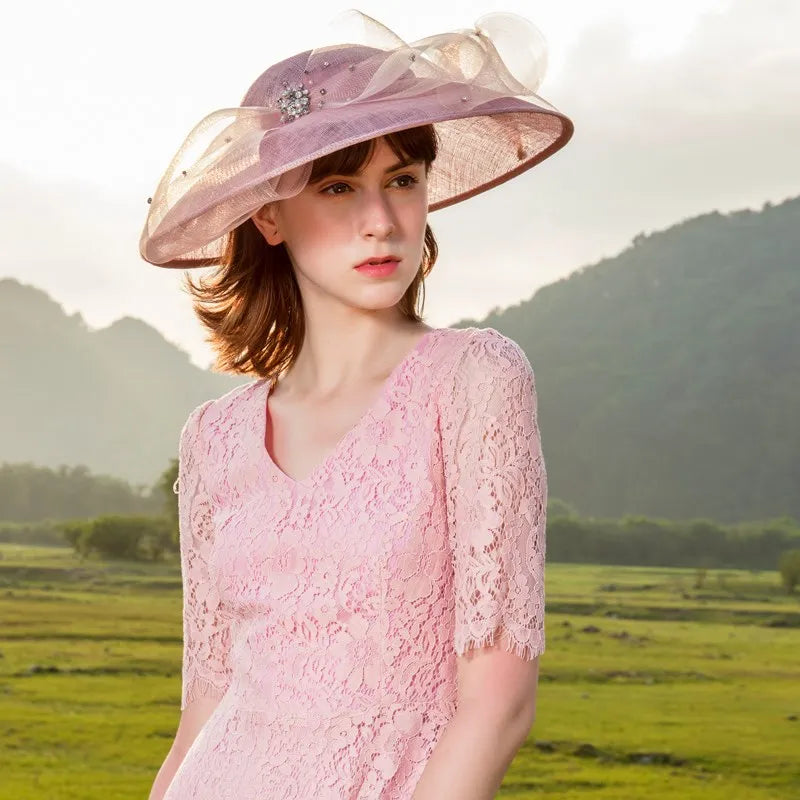 EE 1027 British Big Eaves Dome Linen Hat Female Elegant Diamond Decoration Yarn Hat