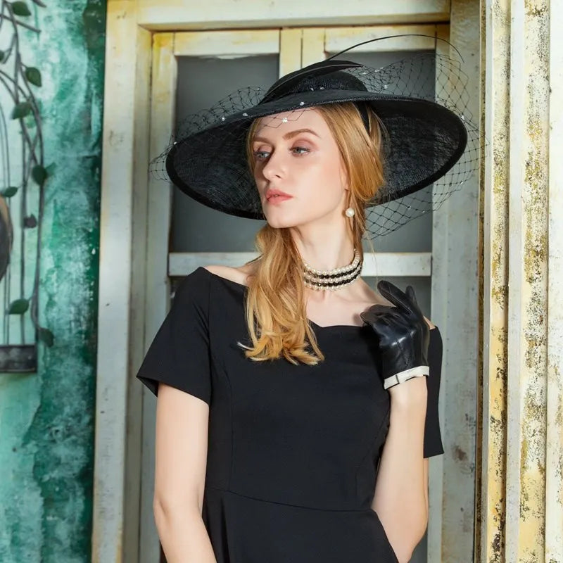 British Sinamay Fascinators Hats - Large Brim Kentucky Derby Church Hat with Rhinestones Veil for Women Classic