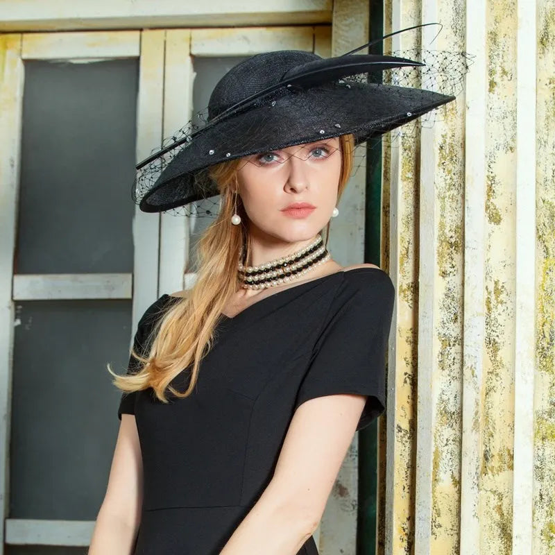 British Sinamay Fascinators Hats - Large Brim Kentucky Derby Church Hat with Rhinestones Veil for Women Classic