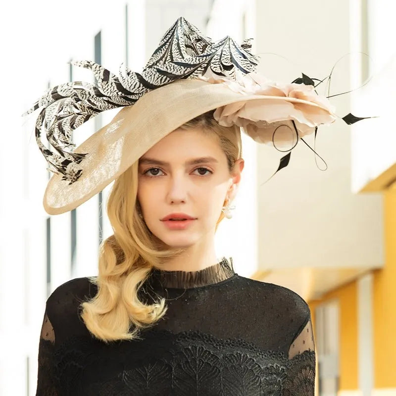 Derby Church Hats Women Wide Brim Sinamay Fascinator with Feather Boater Hats