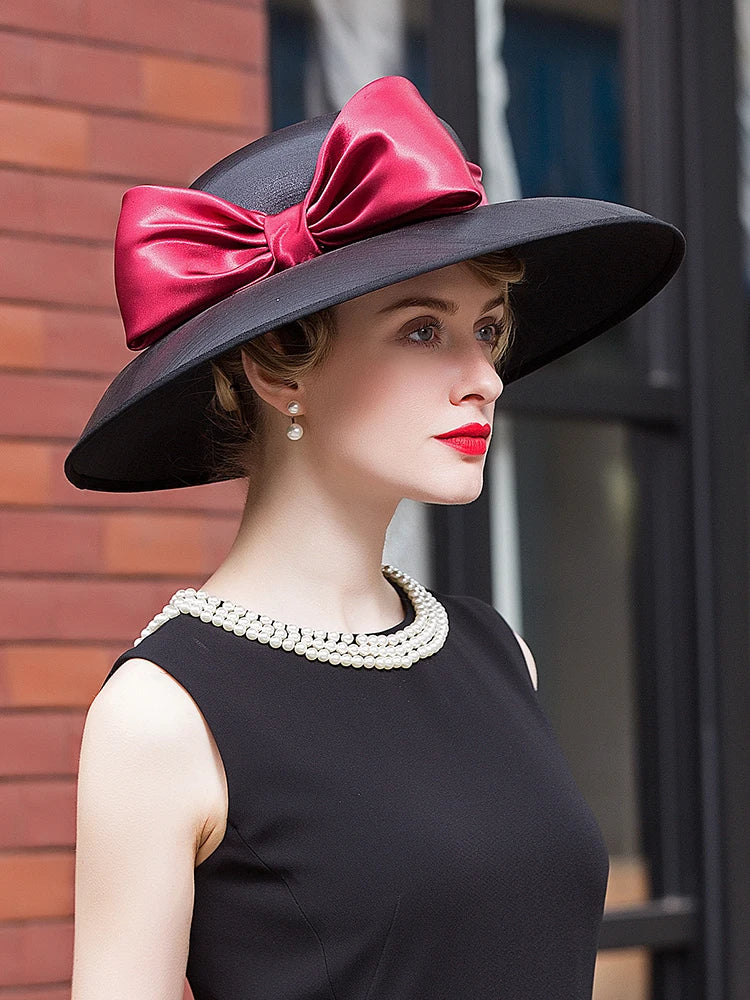 FADVES Women Derby Church Dress Fascinator Wide Brim Polyester/Satin with Bowknot Kentucky Derby Church Hats