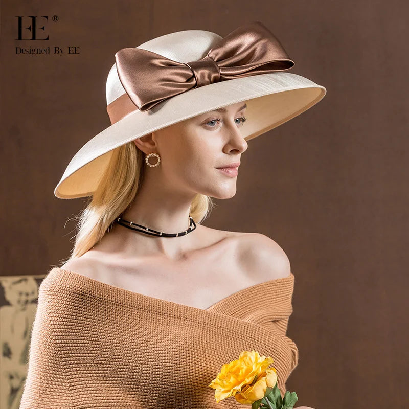FADVES Women Derby Church Dress Fascinator Wide Brim Polyester/Satin with Bowknot Kentucky Derby Church Hats