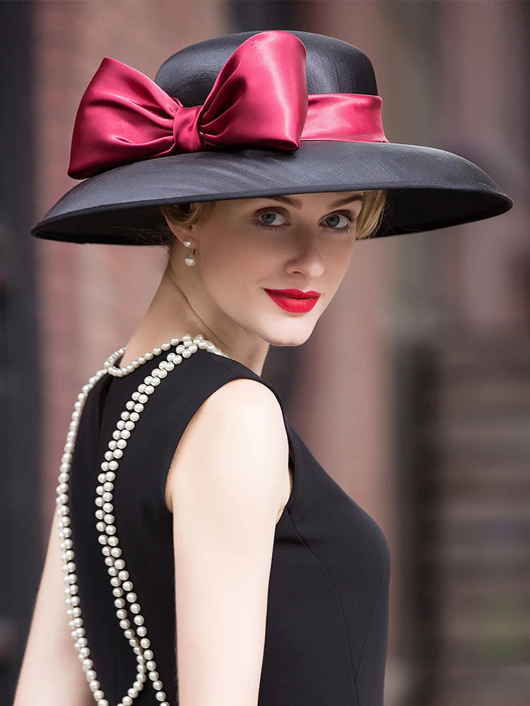 FADVES Women Derby Church Dress Fascinator Wide Brim Polyester/Satin with Bowknot Kentucky Derby Church Hats