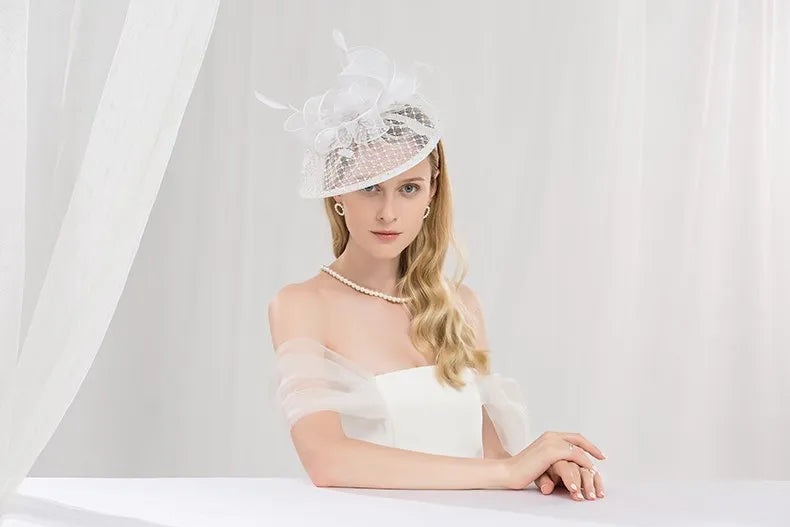 EE 2213 a party hat with a thin hair hoop bowknot feathers set auger royal elder sister female fan hat