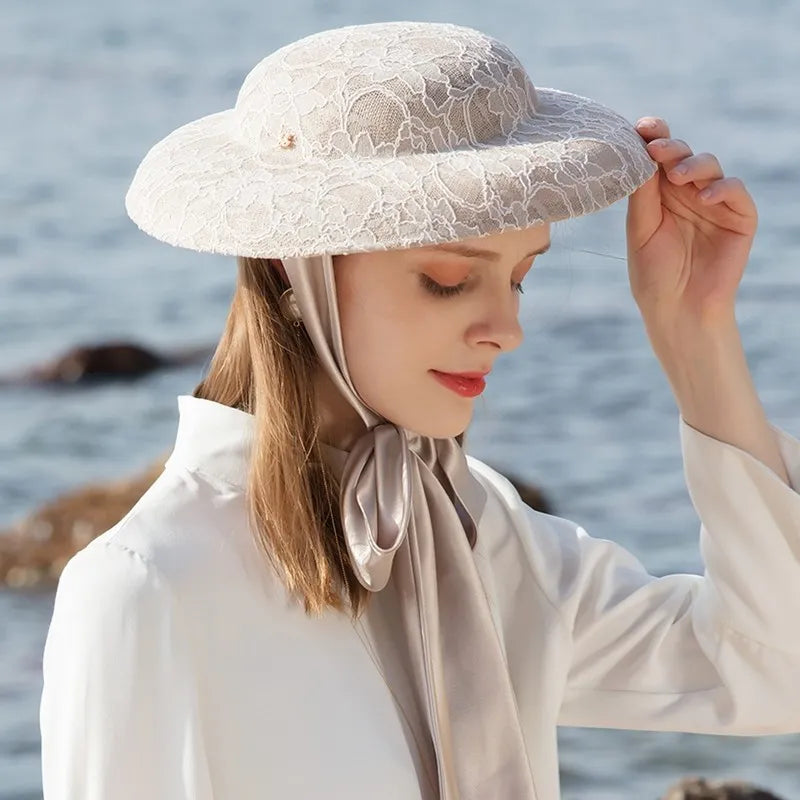 Elegant Lace Wide Brim Sun Hat, Victorian Style, Kentucky Derby Fashion, Women's Special Occasion Headwear with Neck Scarf 2218
