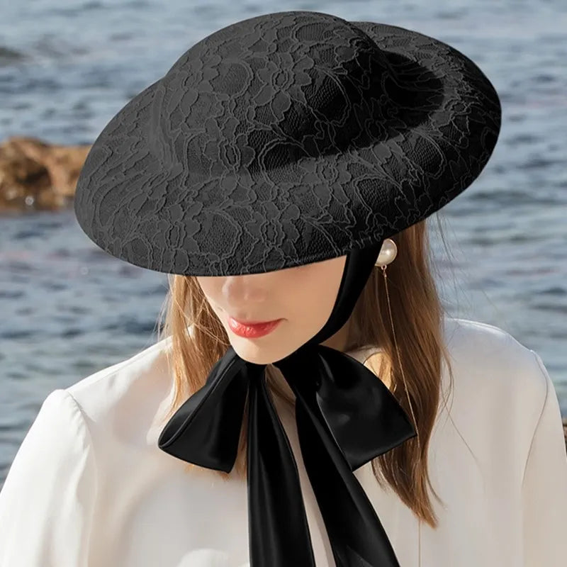 Elegant Lace Wide Brim Sun Hat, Victorian Style, Kentucky Derby Fashion, Women's Special Occasion Headwear with Neck Scarf 2218