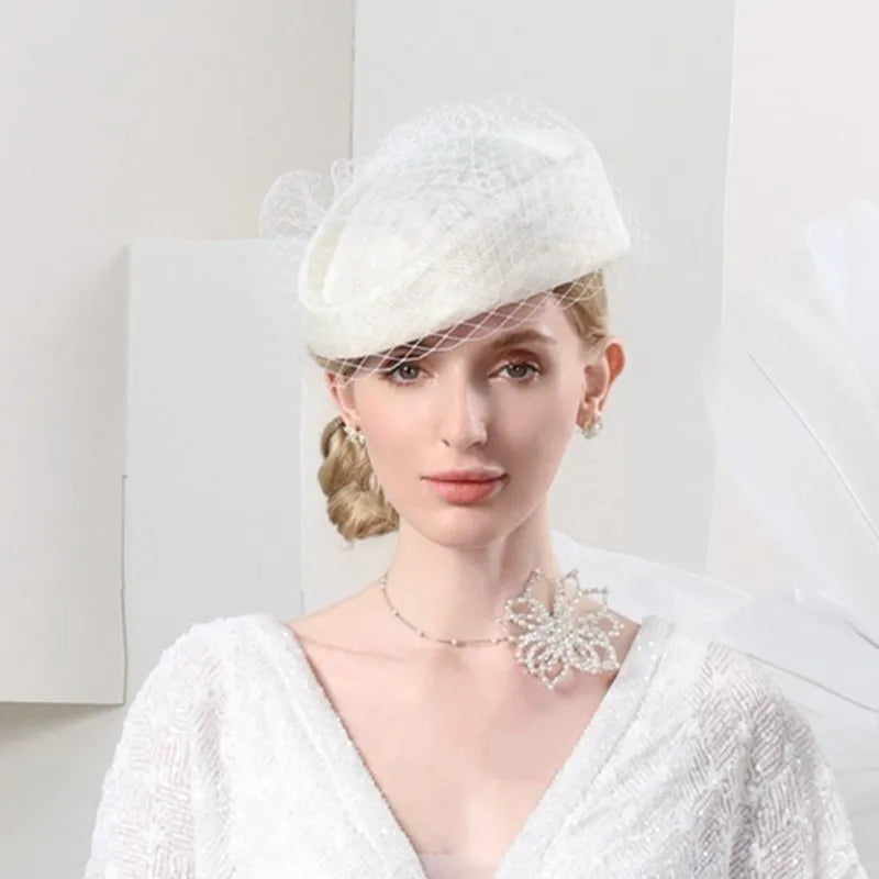 FADVES Hats Sinamay Saucer Hat Pillbox Hat Veil Hat Evening Party Cocktail Elegant British With Bowknot Tulle Headpiece Headwear