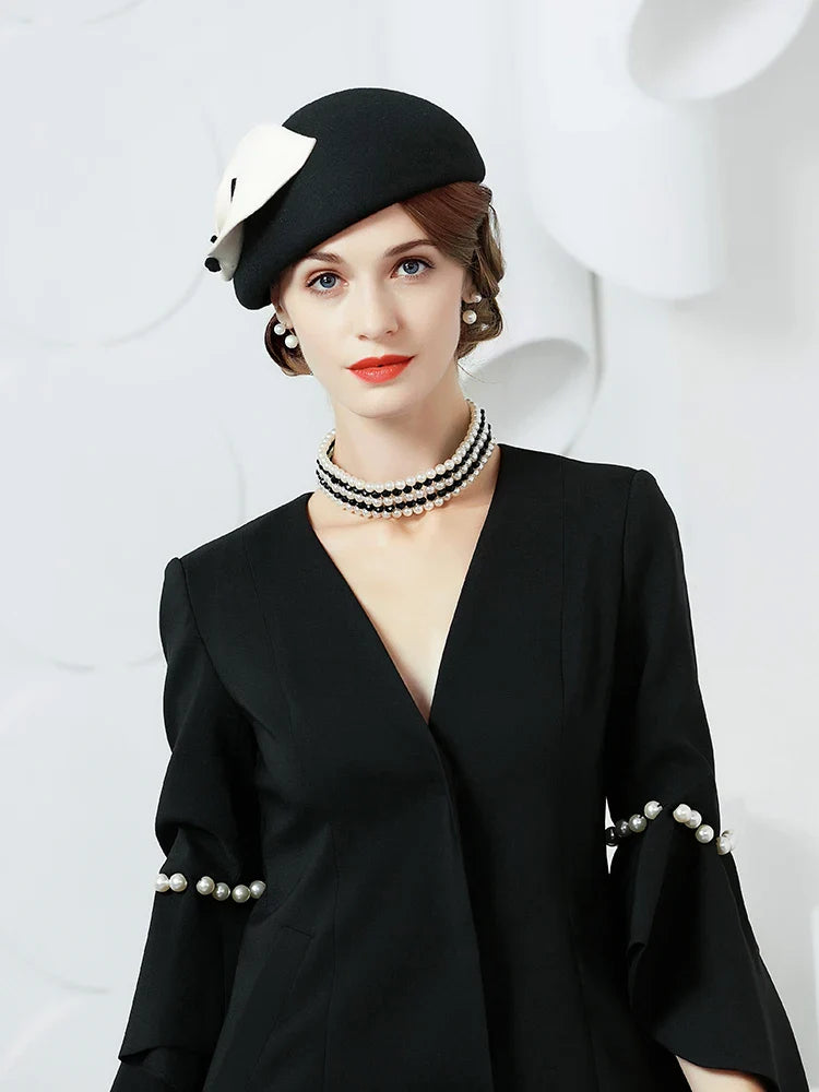 FADVES Vintage Style Wool Felt Pillbox Fascinator Hat, Black with White Bow, British Wedding Church Derby Formal Wear
