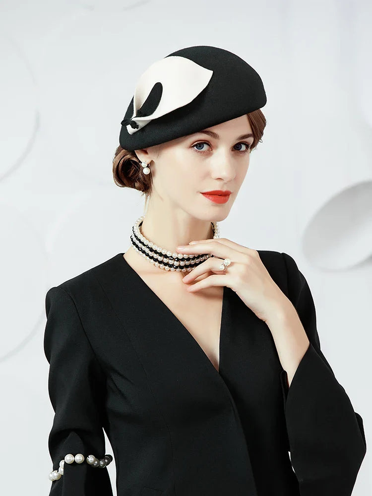 FADVES Vintage Style Wool Felt Pillbox Fascinator Hat, Black with White Bow, British Wedding Church Derby Formal Wear