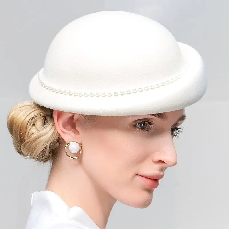Women's Winter Pearl Wool Special Occasion Cocktail Bowler Hats Church Hats
