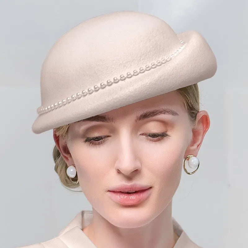 Women's Winter Pearl Wool Special Occasion Cocktail Bowler Hats Church Hats