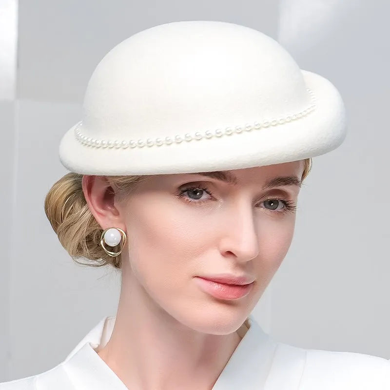 Women's Winter Pearl Wool Special Occasion Cocktail Bowler Hats Church Hats