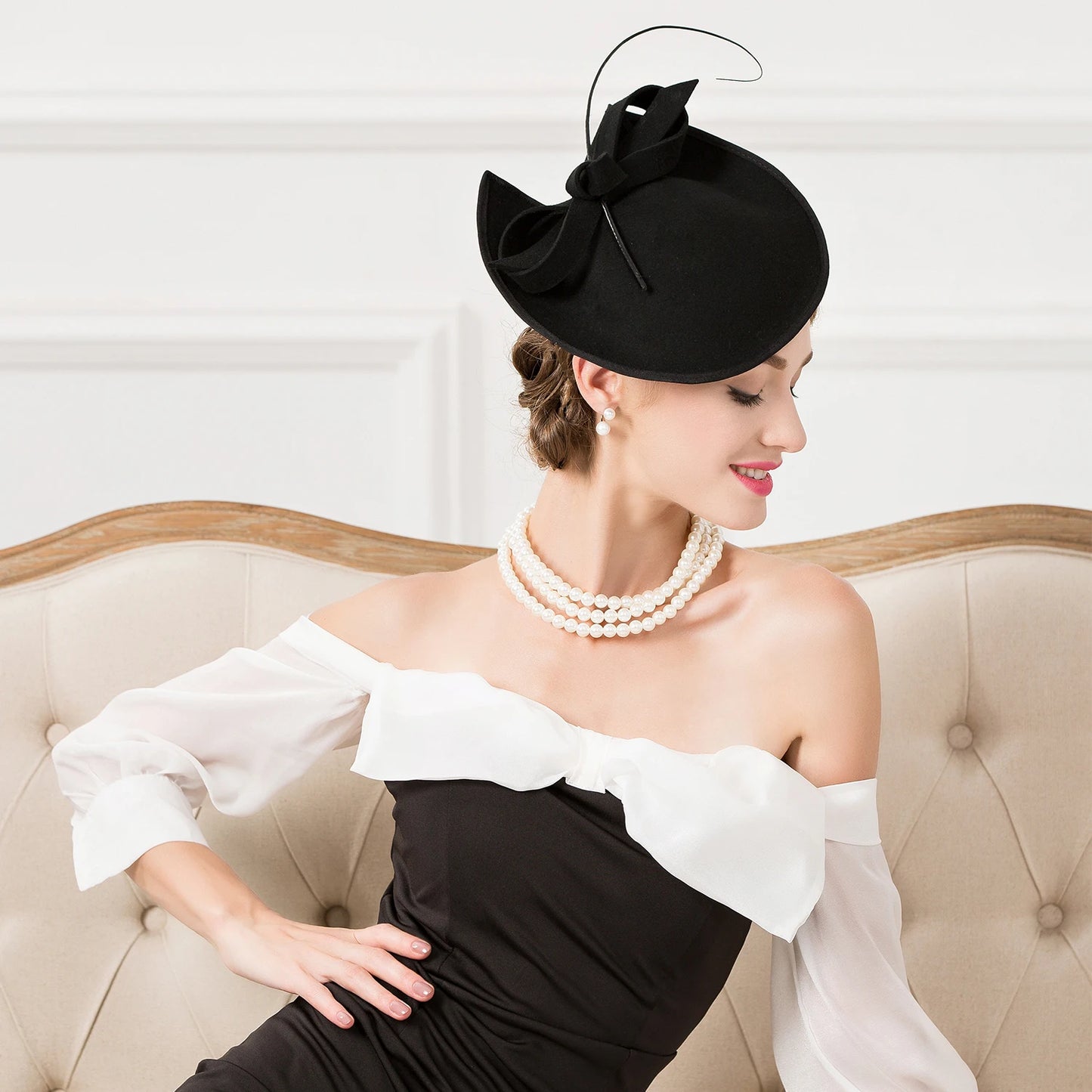 EE 3040 Original Design/Winter/Warm/Adjustable/Party/Evening Headpiece/Bowknot/Ostrich Quills/100% Wool Felt Hats