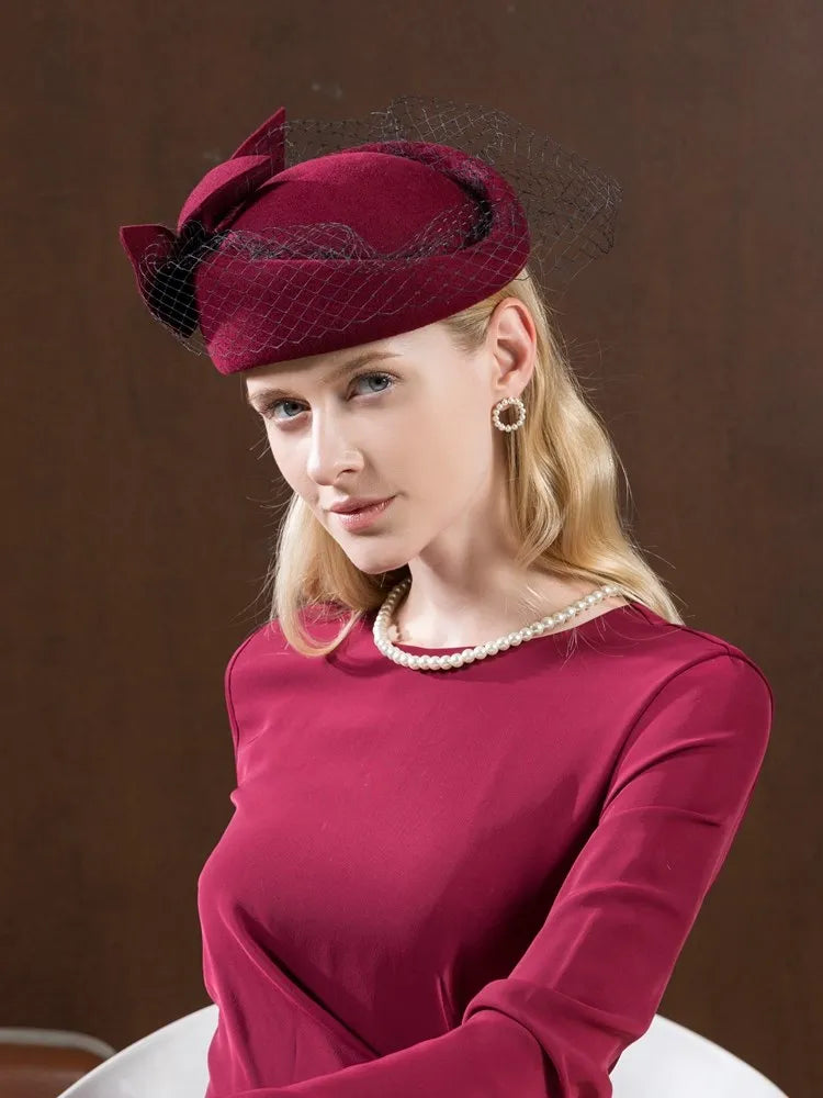 EE 3054 new winter wool yarn net adult homburg bowknot female British socialite banquet wine red hat