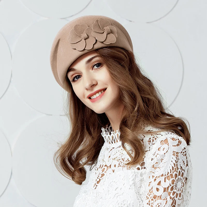 EE 3087 100% Wool Hat/ French Beret/ Vintage /Elegant/Special Occasion/ Casual Headpiece Christmas/ Hats with Floral Casual