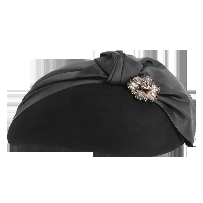 Vintage 1940s Wool Felt Fascinator Hat, Black Teardrop Beret with Bow, Elegant Tam Style Headpiece 3131