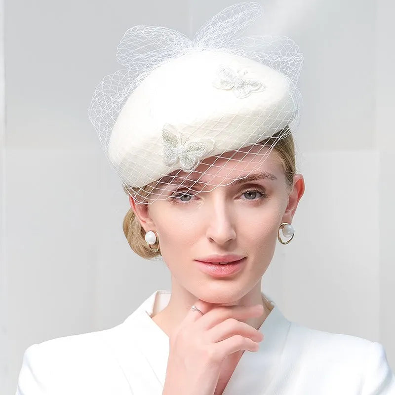 EE 3141 new winter white gauze restoring ancient ways British hat white wool beret female butterfly in the winter