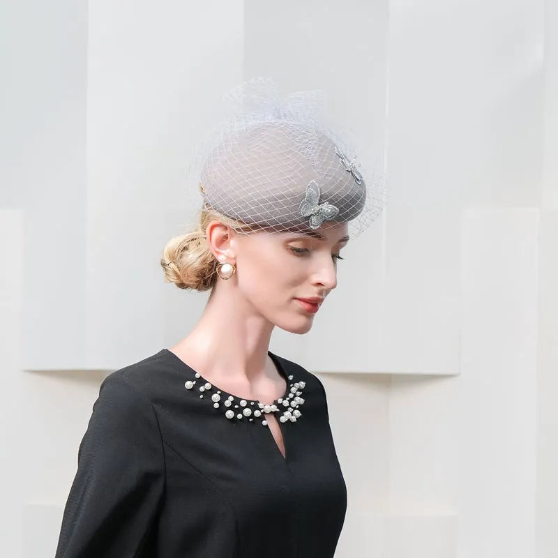 EE 3141 new winter white gauze restoring ancient ways British hat white wool beret female butterfly in the winter