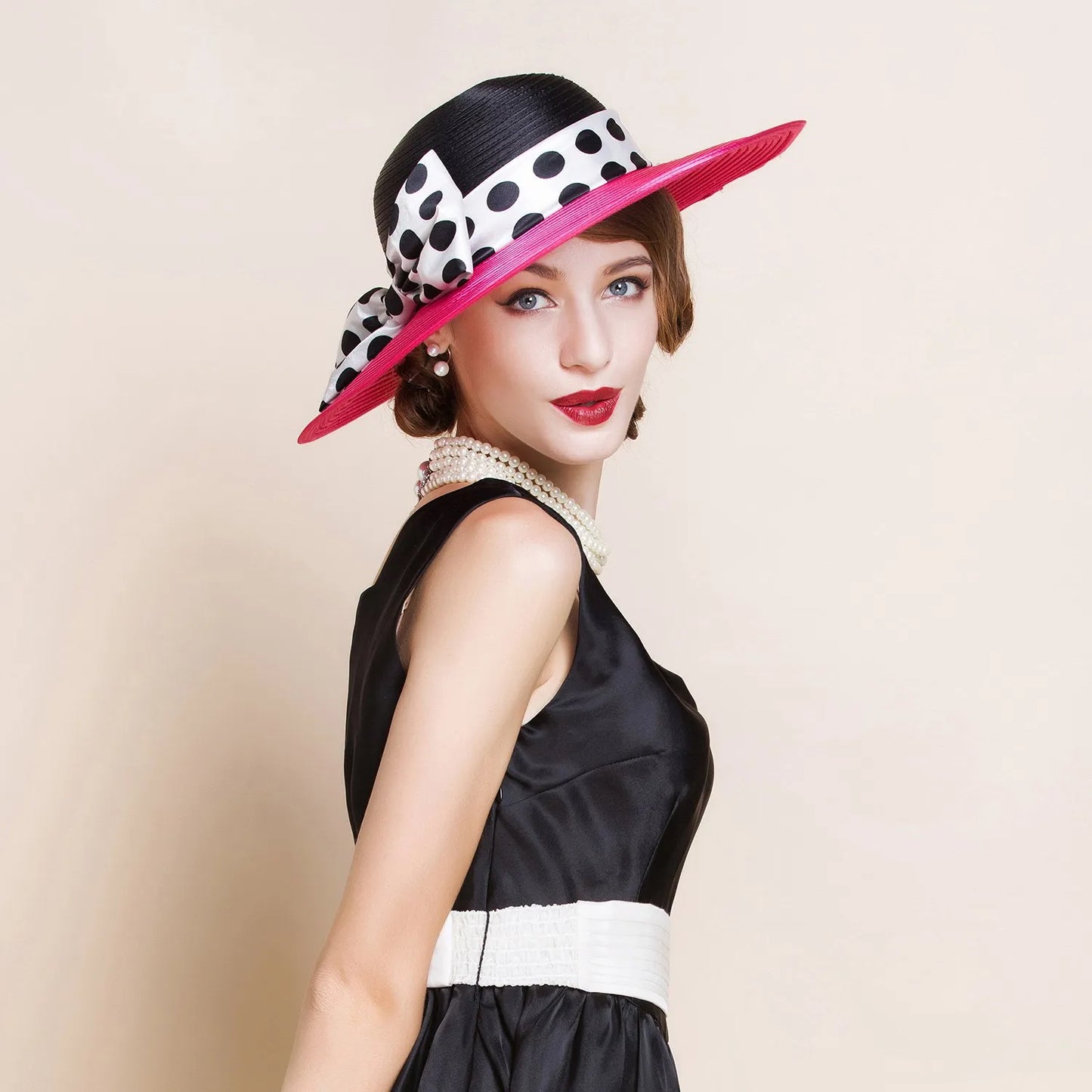 EE 4025 Spring/Summer Dome Bowknot Wave Dot Big Eaves Sunshade Sunscreen Straw Hat English Elegant Hat Female Summer